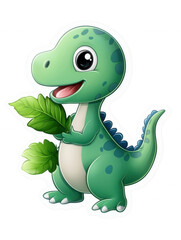 Fototapeta premium Cute cartoon dinosaur holding leaves, making it perfect for children's designs. isolated on transparent background