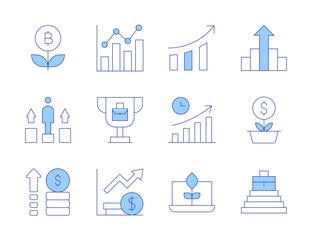 Growth icons. Line Duotone style, editable stroke. growth graph, organic, time to market, growth, revenue, bar chart, career, graph
