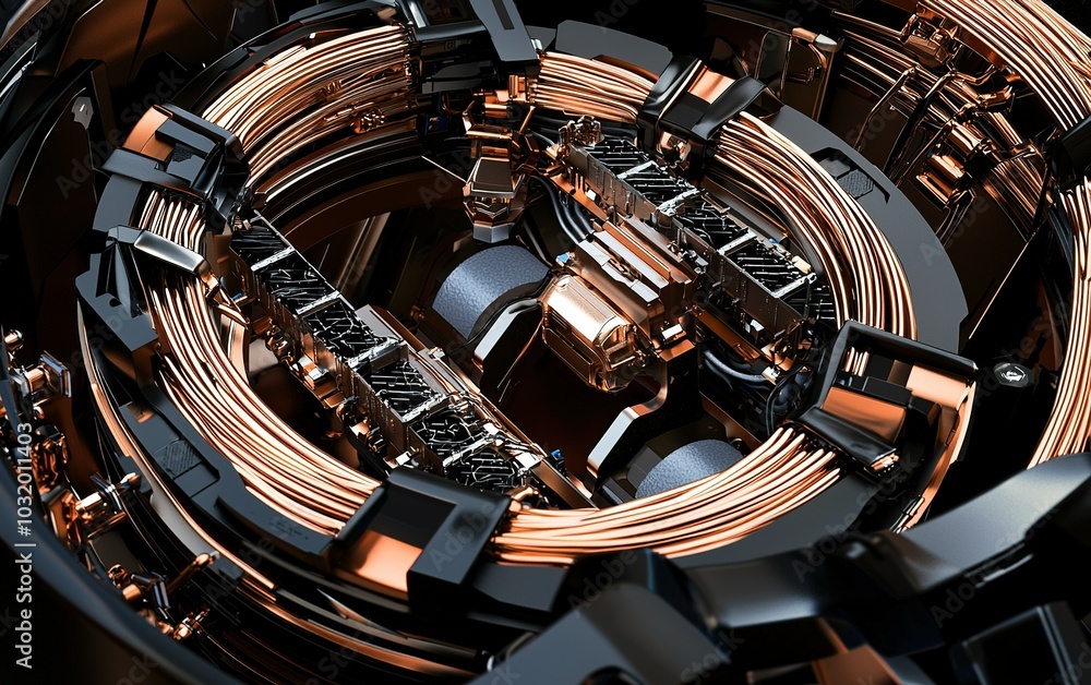 Poster intricate design of an advanced electromagnetic coil system showcasing precision engineering and tec
