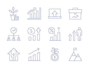 Growth icons. Thin Line style, editable stroke. bar chart, diagram, statistics, growth, interest rate, money, business, development, goal