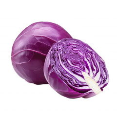 Obraz premium Fresh purple cabbage, cut in half, showcasing its vibrant color and intricate layers, isolated on transparent background