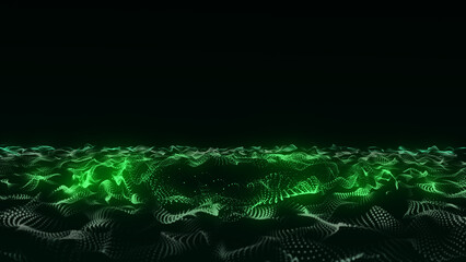 Colors wave with motion dots and lines. Abstract digital background. Concept connection big data. Futuristic technology backdrop. 3D rendering.