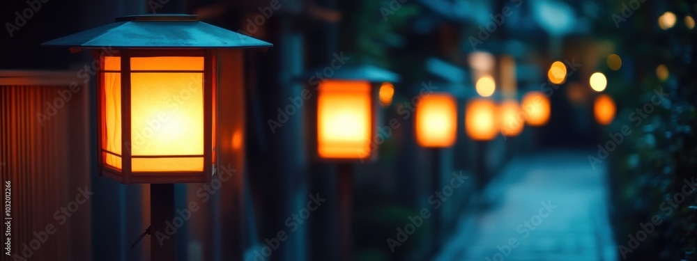 Poster evening glow of lanterns, a serene display of uniform lanterns illuminating a tranquil night, creati
