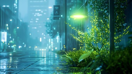 Obraz premium Bioluminescent Streetlight Powered by Synthetic Algae Glowing along Futuristic City Street Blending Technology and Nature