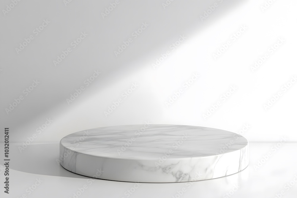 Poster a minimalist marble display platform with soft lighting, ideal for showcasing products.