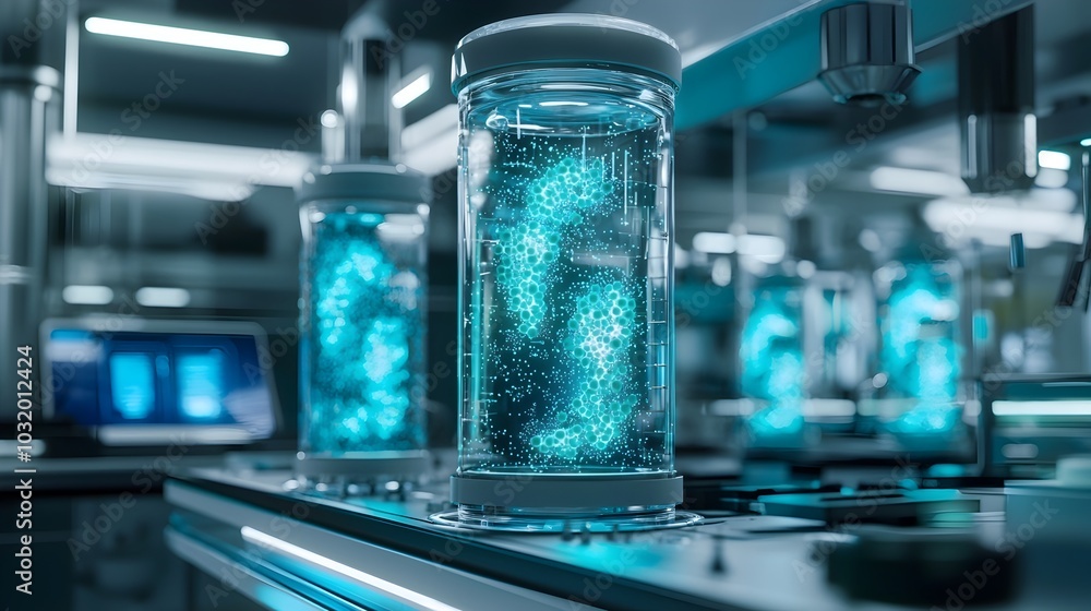 Poster synthetic biology startup visualizing glowing bioreactors sequestering carbon from the atmosphere in