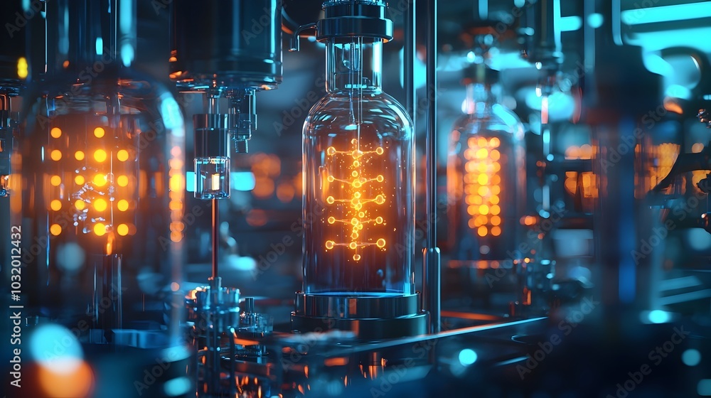 Poster glowing bio reactors in high tech synthetic biology lab visualizing carbon technology
