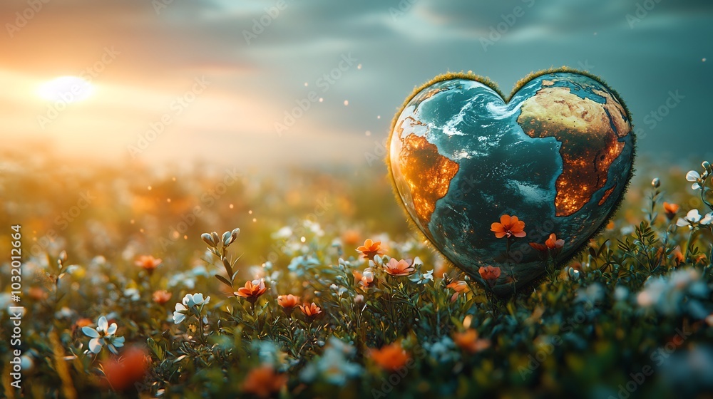 Poster heartshaped planet floating above a lush green meadow with blooming flowers representing earth day a