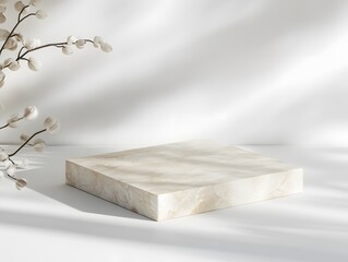 A minimalist display featuring a square marble-like surface and delicate plant branches.