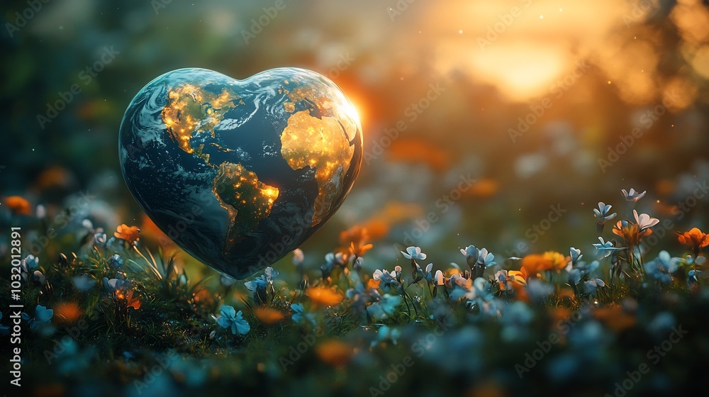 Poster heartshaped planet floating above a lush green meadow with blooming flowers representing earth day a