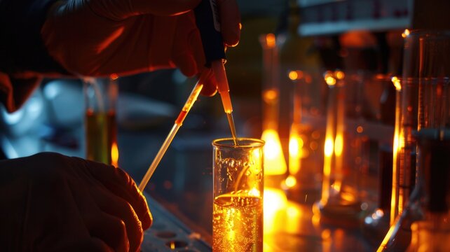 Laboratory experiment with glowing test tubes and precision pipetting techniques