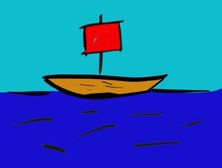 A small wooden brown boat in the blue ocean with a bright red sail on the shingle.
