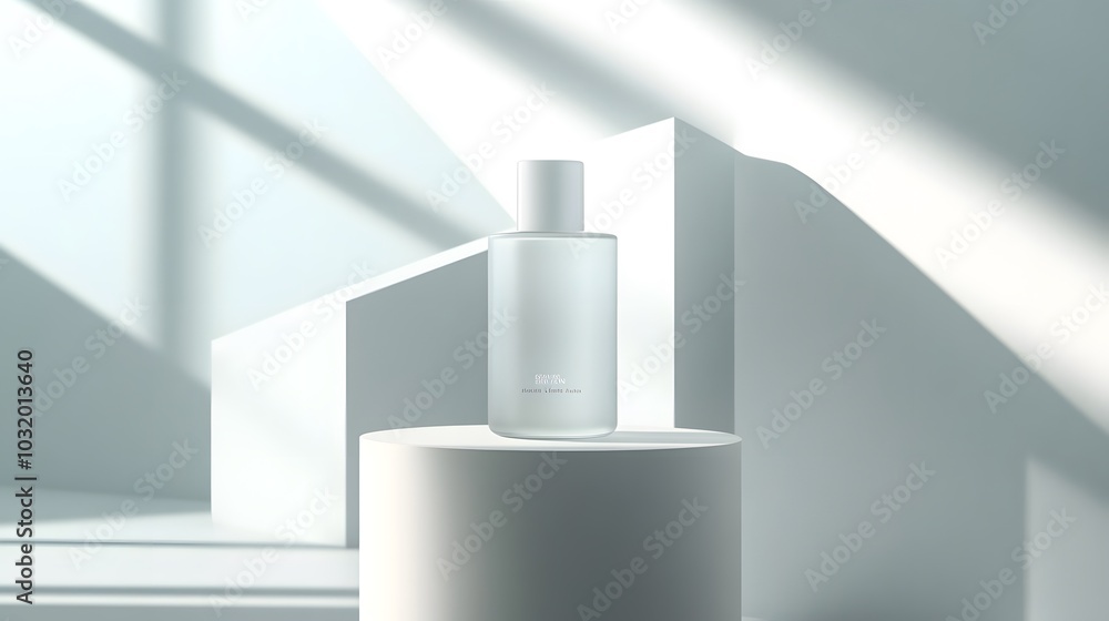 Poster a minimalist display of a frosted bottle on a pedestal with soft lighting and geometric shapes.