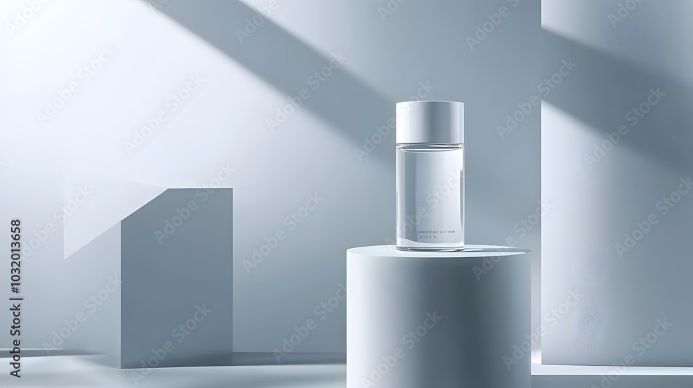 Poster a minimalist display featuring a clear bottle on a pedestal in a softly lit environment.