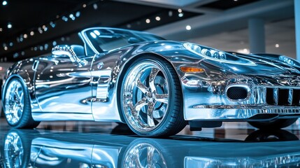 Shiny chrome sports car: A high-end vehicle with polished wheels and sleek design showcased at a car exhibition