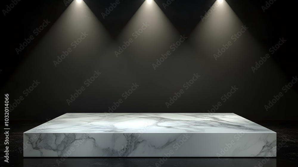 Poster a minimalist marble platform illuminated by three spotlights in a dark setting.