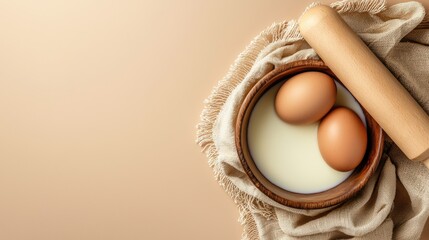 A rustic bowl contains two eggs and milk, surrounded by a soft cloth and a rolling pin, set against a warm beige backdrop.