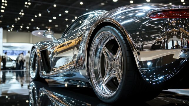 Sports car showcase: High-performance cars with polished chrome finishes and sleek tire designs on display at an auto show