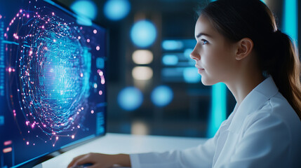 Young Female Engineer Analyzing Data Using GUI (Graphical User Interface) A young female engineer sits at her desk, working on advanced data analysis using a complex GUI system. The interface displays