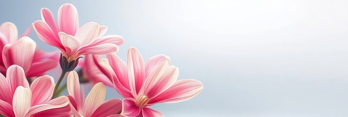 Fototapeta premium Beautiful Pink Flowers on a Soft Blue Background, Perfect for Spring or Romantic Designs