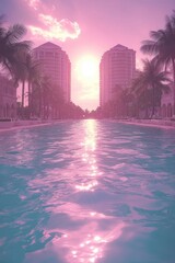 Pink Sunset Over a Calm Pool with Buildings and Palm Trees in the Background