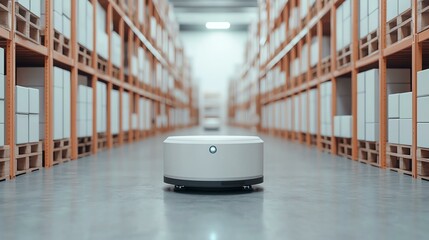 Automated robot navigating through a modern warehouse aisle, showcasing advanced robotics and efficient technology for inventory management.
