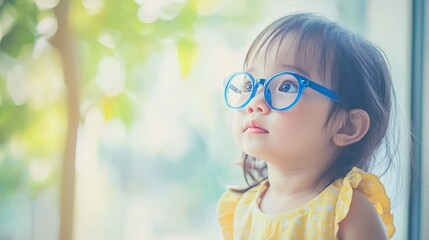 Young child wearing blue glasses focusing on distant tree outside window, symbolizing myopia prevention and importance of outdoor activities.