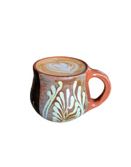 Close-up of hot latte coffee with latte art in ceramic brown cup