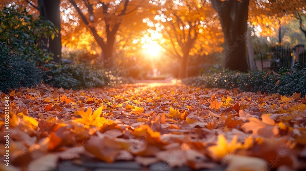 Poster the pathway is covered in fallen leaves, showcasing brilliant shades of orange and yellow. sunlight 