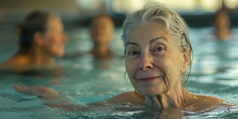 Senior woman swimming happily in a pool during a sunny afternoon, enjoying water activities