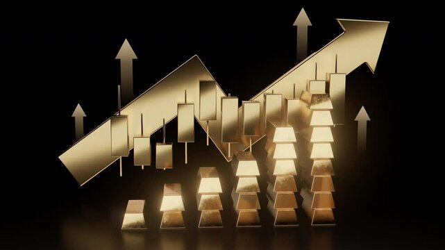 Gold bars and candlestick chart rising with arrows symbolizing the growth of gold investment and positive market trends in commodities.