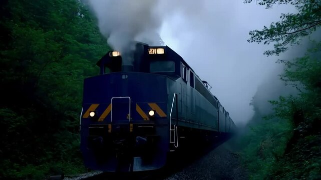 A heavy cargo train cutting through a dense, foggy forest, the engine barely visible through the mist as it moves deeper into the woods.
