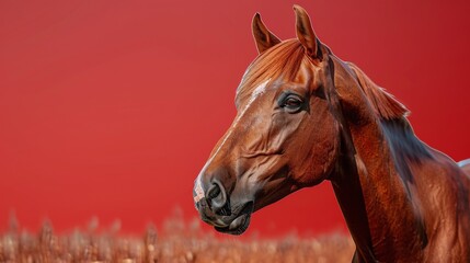 Obraz premium A majestic brown horse stands against a vibrant orange background in a serene landscape