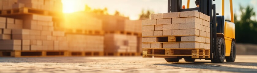 Obraz premium Forklift lifting wooden pallets at a warehouse during sunset, showcasing productive logistics.
