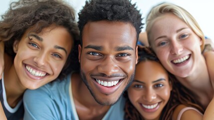 Fototapeta premium A group of diverse friends smiling brightly together in a cozy indoor setting during daytime