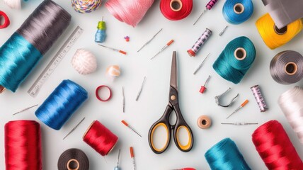 Vibrant collection of sewing supplies featuring colorful threads, scissors, needles, and other essential tools for crafting.