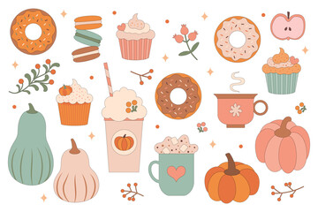 Pumpkin Spice Autumn Desserts and Drinks. A collection of pumpkin spice-themed desserts and drinks, including cupcakes, pie, donuts, and cozy mugs. Vector illustration