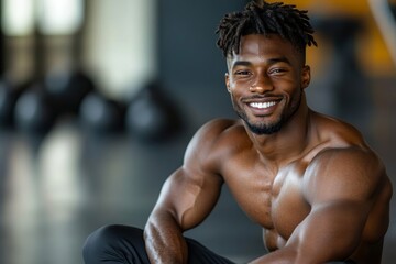 Fototapeta premium Smiling black man sitting on the floor and taking a break during workout, Generative AI