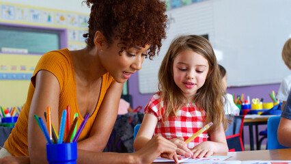 Female Elementary School Teacher Giving Female Pupil One To One Support In Classroom 