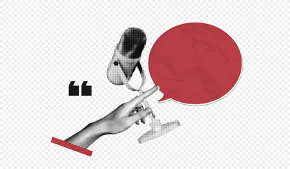 Trendy Halftone Collage Online Broadcasting concept. Audio recording of interview. Hand with microphone and speech bubble message. Talking in podcast. Streaming service. Contemporary vector art