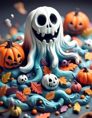 Spooky scene with pumpkins and autumn leaves in 3D clay style