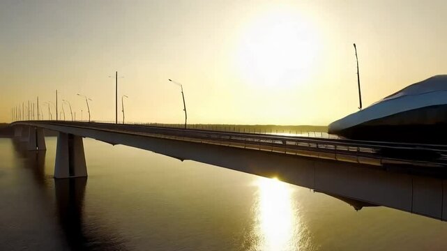 A futuristic monorail crossing a long, desolate bridge over a wide waterway at sunrise, with reflections of the train in the still water below.
