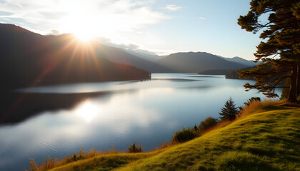 Fototapeta premium Sunrise View over Lake Taupo isolated with white highlights, png