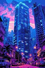 Fototapeta premium A Vibrant Nighttime View of a Cityscape with Tall Buildings and a Pink and Blue Sky