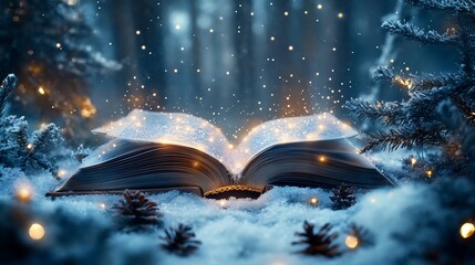 Magical open book with glowing pages surrounded by a snowy forest Soft twinkling lights fill the air creating a Christmas fairytale scene perfect for winter holiday storytelling