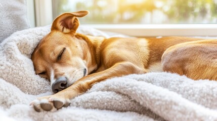 A small brown dog peacefully naps on a cozy, fluffy blanket by a sunlit window, AI