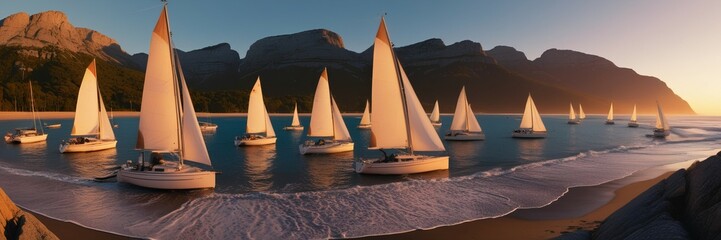 Fototapeta premium Group of boats in the water next to mountains