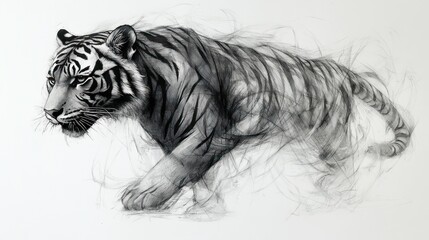 A grayscale drawing of a tiger in a stalking pose, fading into the background.