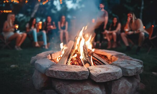 Friends arround a campfire in a garden party summer eve
