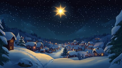 Peaceful snowy village under a starry night sky with a bright star shining above, capturing the essence of winter magic and serenity.